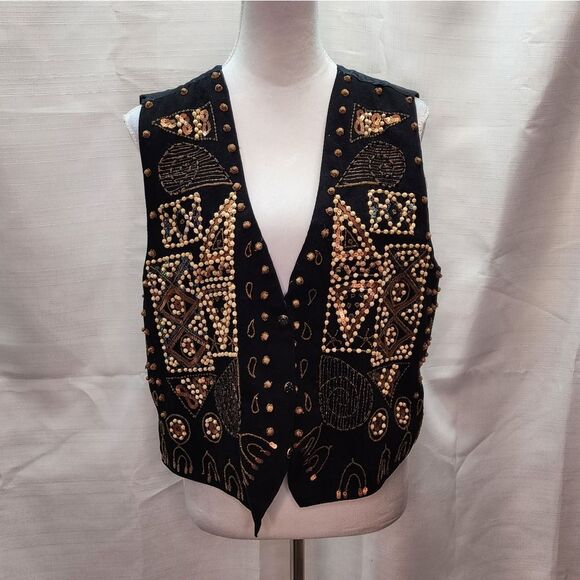 Modi Denim Vintage Sequin Applique Button Front Vest Size Medium - Picture 1 of 8